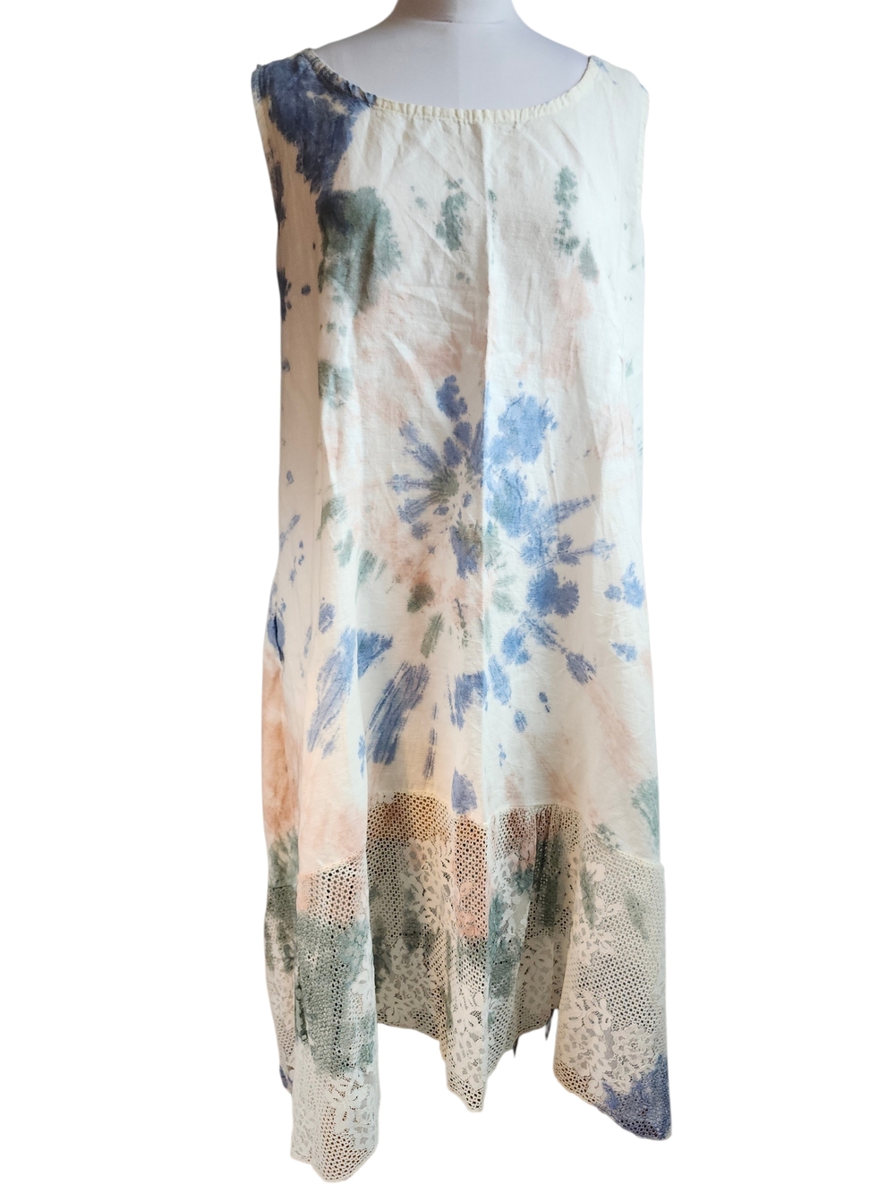 Shyloh Italy Tie-Dye Linen And Lace, Crochet Back Sundress in Soft Multi Shades